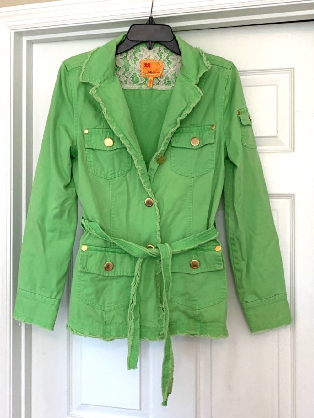 Twill Twenty Two Lime Green Cotton Utility Jacket Lace Back Raw Hem Size M
